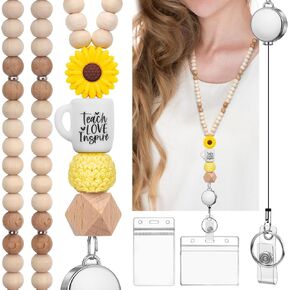 Teacher Lanyard with Id Holder, Retractable Lanyards for Id Badges, Cute Wooden Beaded Key Lanyard for Women, Pink
