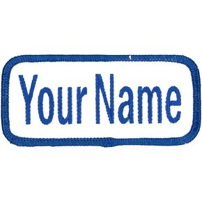 Name Patch Uniform Work Shirt Personalized Embroidered White with Blue Border. Sew on.