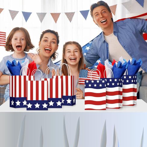 30 PCS أكياس هدايا وطنية مع مقبض مع 30 PCS أبيض أبيض الأنسجة الأنسجة الورقية 4th من يوليو الأميركي حقائب الهدايا الأمريكية ليوم استقلال يوم الذكرى القدامى (النمط الكلاسيكي) in Saudi Arabia