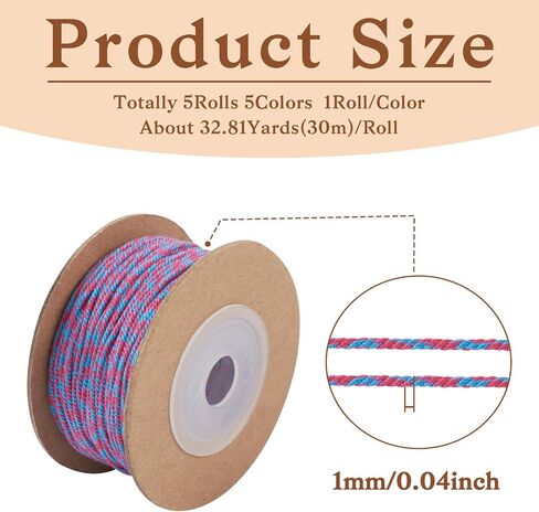 21 Yards 1.5mm Cotton Cord 5 Colors 4-Ply Handmade Braided Cord with Golden Thread Rainbow Craft String Cord for Beading Jewelry Making DIY Bracelet Necklaces Crafts in Kuwait