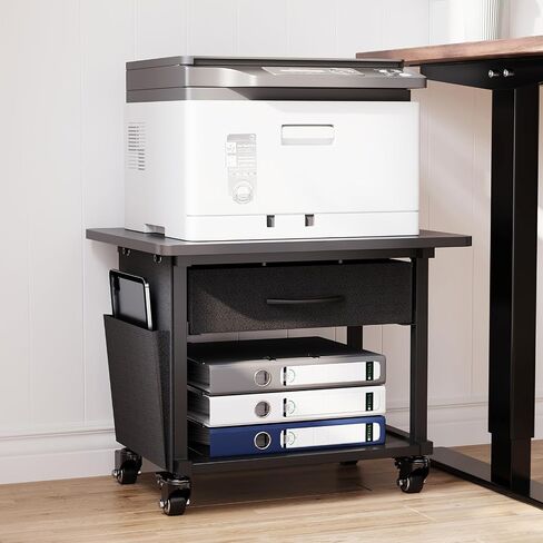 2 Tier Printer Stand with Storage Drawer - Under Desk Rolling Printer Cart for Home Office, Small Printer Table with Industrial Locking Wheels fit Fax Machine/3D Printer/Scanner (Black) in Saudi Arabia