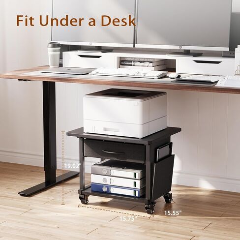 2 Tier Printer Stand with Storage Drawer - Under Desk Rolling Printer Cart for Home Office, Small Printer Table with Industrial Locking Wheels fit Fax Machine/3D Printer/Scanner (Black) in Saudi Arabia