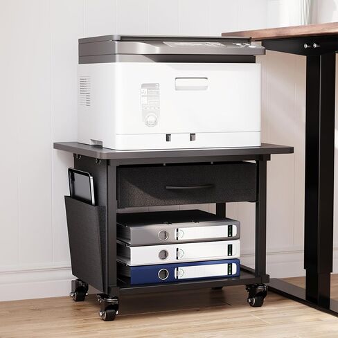 2 Tier Printer Stand with Storage Drawer - Under Desk Rolling Printer Cart for Home Office, Small Printer Table with Industrial Locking Wheels fit Fax Machine/3D Printer/Scanner (Black) in Saudi Arabia