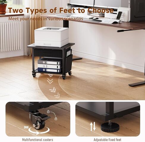 2 Tier Printer Stand with Storage Drawer - Under Desk Rolling Printer Cart for Home Office, Small Printer Table with Industrial Locking Wheels fit Fax Machine/3D Printer/Scanner (Black) in Saudi Arabia