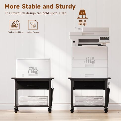 2 Tier Printer Stand with Storage Drawer - Under Desk Rolling Printer Cart for Home Office, Small Printer Table with Industrial Locking Wheels fit Fax Machine/3D Printer/Scanner (Black) in Saudi Arabia