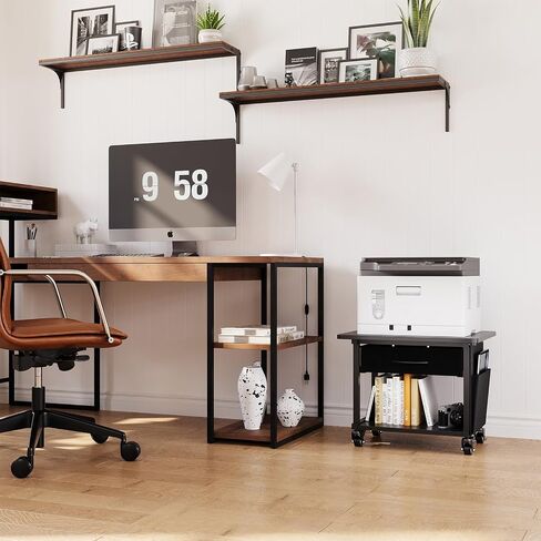 2 Tier Printer Stand with Storage Drawer - Under Desk Rolling Printer Cart for Home Office, Small Printer Table with Industrial Locking Wheels fit Fax Machine/3D Printer/Scanner (Black) in Saudi Arabia