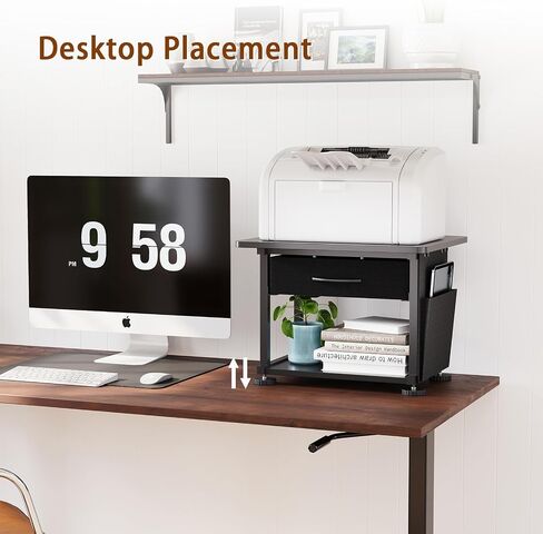2 Tier Printer Stand with Storage Drawer - Under Desk Rolling Printer Cart for Home Office, Small Printer Table with Industrial Locking Wheels fit Fax Machine/3D Printer/Scanner (Black) in Saudi Arabia