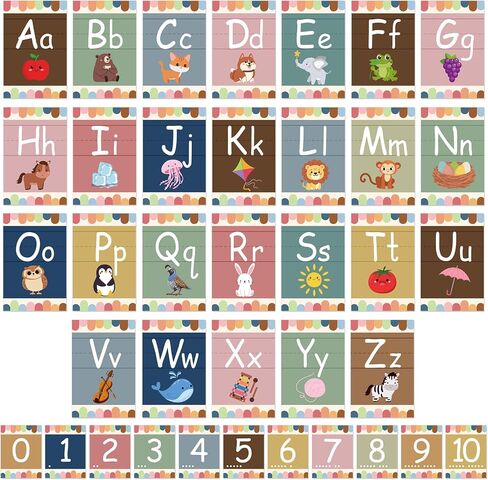37 Pieces Alphabet Bulletin Board Set, Number ABC Posters for Classroom Wall Boho Rainbow Classroom Decor Preschool Educational Cards Kids Early Learning Colors Shapes Cards Poster in Kuwait