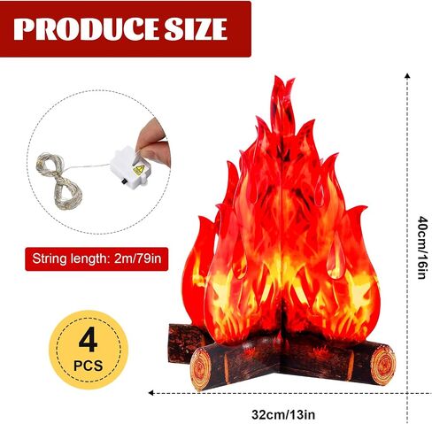 Tioncy 4 Set Fake Fire Campfire Centerpiece 3D Artificial Fake Flames with LED String Lights Fire Cardboard for Camping Party Christmas Decorations(15.8 Inch) in Saudi Arabia