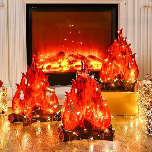 Tioncy 4 Set Fake Fire Campfire Centerpiece 3D Artificial Fake Flames with LED String Lights Fire Cardboard for Camping Party Christmas Decorations(15.8 Inch) in Saudi Arabia