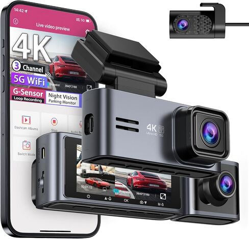 OMBAR Dash Cam 5G WiFi GPS، كاميرا داش 3 قنوات أمامية وخلفية من الداخل 2K+1080P+1080P، شاشة LCD 3.18 بوصة، بطاقة 64 جيجابايت متضمنة، كاميرا داش مزدوجة للسيارات 4K/2K/1080P+1080P رؤية ليلية بالأشعة تحت الحمراء، WDR، G- الاستشعار in Kuwait