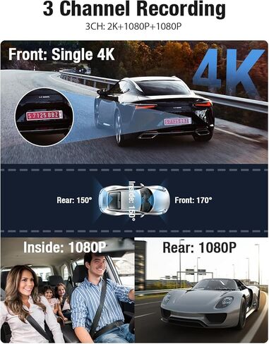 OMBAR Dash Cam 5G WiFi GPS، كاميرا داش 3 قنوات أمامية وخلفية من الداخل 2K+1080P+1080P، شاشة LCD 3.18 بوصة، بطاقة 64 جيجابايت متضمنة، كاميرا داش مزدوجة للسيارات 4K/2K/1080P+1080P رؤية ليلية بالأشعة تحت الحمراء، WDR، G- الاستشعار in Kuwait