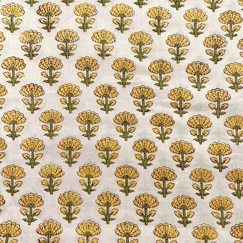E-Tailor® Cotton Fabric India Hand Block Print Floral Fabric Ideal for Dress Making, Craft and Arts, Patchwork, Quilting, Doll Making, DIY Craft-1 Yard- Floral -Parchment in Kuwait