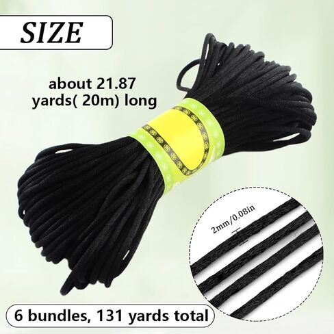 131 Yards 6 Bundles 2MM Black Trim Cord Round Smooth Nylon Silk Satin String Rattail Soild Kumihimo Korean Thread Bulk for Sewing Making Jewelry Bracelet Necklaces Macrame Beading Supply in Saudi Arabia