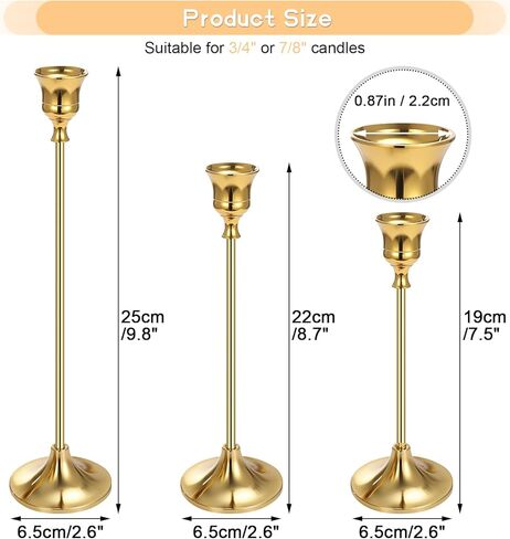 French Gold Candlestick Holders for Taper Candles Set of 3, Metal Tapered Candle Holders, Tall Candle Sticks Holder Decor for Wedding, Dinning, Party, Anniversary, Fits 3/4 Inch Thick Candle in Kuwait