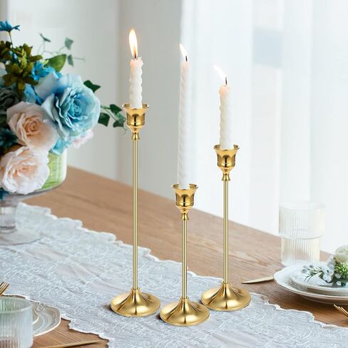 French Gold Candlestick Holders for Taper Candles Set of 3, Metal Tapered Candle Holders, Tall Candle Sticks Holder Decor for Wedding, Dinning, Party, Anniversary, Fits 3/4 Inch Thick Candle in Kuwait