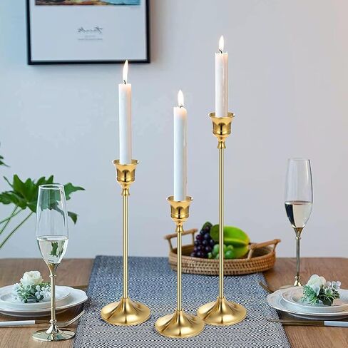 French Gold Candlestick Holders for Taper Candles Set of 3, Metal Tapered Candle Holders, Tall Candle Sticks Holder Decor for Wedding, Dinning, Party, Anniversary, Fits 3/4 Inch Thick Candle in Kuwait