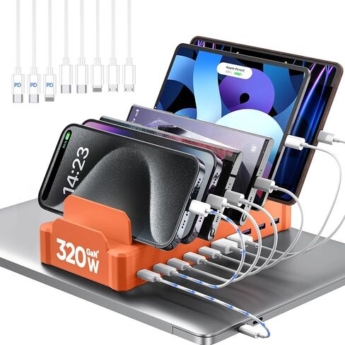 Charging Station for Multiple Devices, Zobirez 10-Port USB C Fast Charger Stations for MacBook, iPhone, Android Cell Phone, iPad, Tablet, Family Multi-Device Organizer Charging Dock, Orange in Saudi Arabia