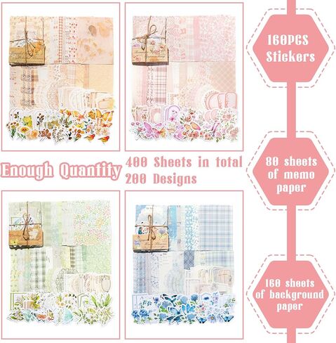 400 Pcs Vintage Scrapbooking Supplies Kit Floral Scrapbook Paper Journaling Supplies Kit Floral Craft Paper for Collage Card Album Bullet Stickers Journaling Planners Mixed Media in Saudi Arabia