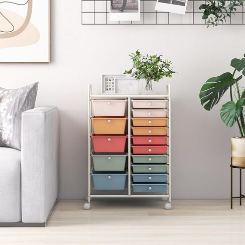 HAPPYGRILL 15 Drawer Storage Drawer Cart Organizer Cart Tools for Office School Utility Cart Paper Organizer Rolling Storage Cart with Wheels in Kuwait