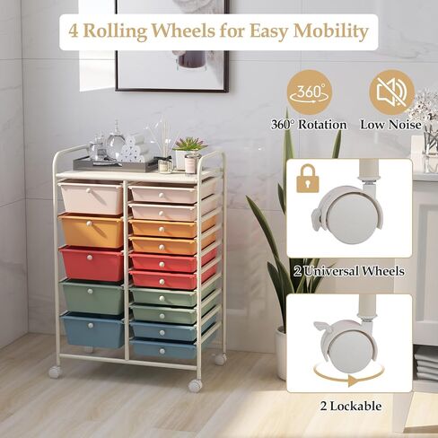 HAPPYGRILL 15 Drawer Storage Drawer Cart Organizer Cart Tools for Office School Utility Cart Paper Organizer Rolling Storage Cart with Wheels in Kuwait