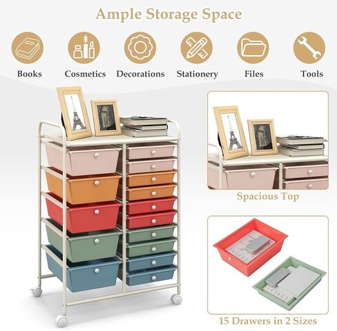HAPPYGRILL 15 Drawer Storage Drawer Cart Organizer Cart Tools for Office School Utility Cart Paper Organizer Rolling Storage Cart with Wheels in Kuwait
