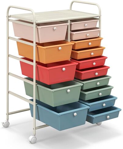 HAPPYGRILL 15 Drawer Storage Drawer Cart Organizer Cart Tools for Office School Utility Cart Paper Organizer Rolling Storage Cart with Wheels in Kuwait