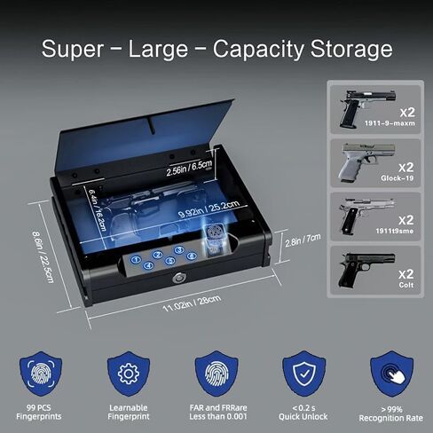 gun safe .Gun Safes for 2 Pistols with 3 Quick-Access Fingerprint，Passcode，Key.with Voice Prompt Pistol SafeHandgun Safe, Hand Gun Lock Box for Home Drawer Car Bedside Nightstand in Saudi Arabia
