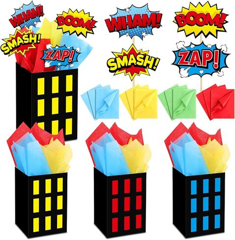 6 Sets Hero Theme Party Decoration Hero Boxes Centerpiece (7.9 x 5.1 x 5.1 Inch) Sticks with Tissue Paper Standing Cards Birthday Baby Shower Party Supplies (Red,Yellow,Blue) in Saudi Arabia