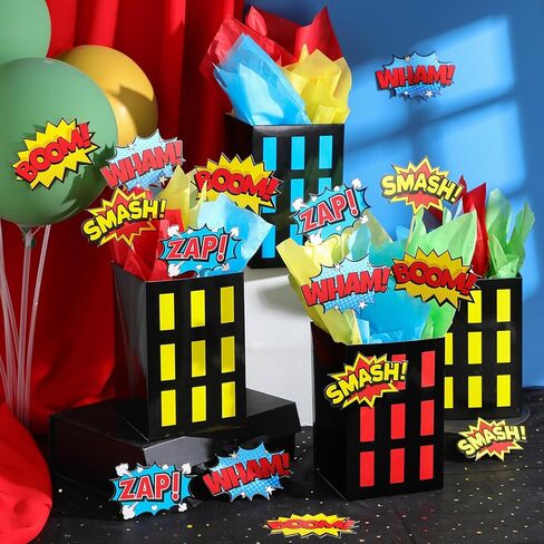 6 Sets Hero Theme Party Decoration Hero Boxes Centerpiece (7.9 x 5.1 x 5.1 Inch) Sticks with Tissue Paper Standing Cards Birthday Baby Shower Party Supplies (Red,Yellow,Blue) in Saudi Arabia