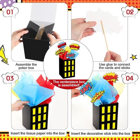 6 Sets Hero Theme Party Decoration Hero Boxes Centerpiece (7.9 x 5.1 x 5.1 Inch) Sticks with Tissue Paper Standing Cards Birthday Baby Shower Party Supplies (Red,Yellow,Blue) in Saudi Arabia