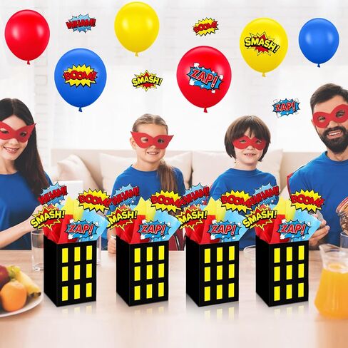 6 Sets Hero Theme Party Decoration Hero Boxes Centerpiece (7.9 x 5.1 x 5.1 Inch) Sticks with Tissue Paper Standing Cards Birthday Baby Shower Party Supplies (Red,Yellow,Blue) in Saudi Arabia