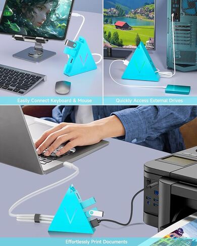 4-Port USB 3.0 Hub with 2 ft Extended Cable, FlyingVHUB Vertical Data USB Hub, for Mac, PC, Xbox One, PS4, PS5, iMac, Surface Pro, XPS, Laptop, Desktop, Flash Drive, Mobile HDD (Blue) in Kuwait