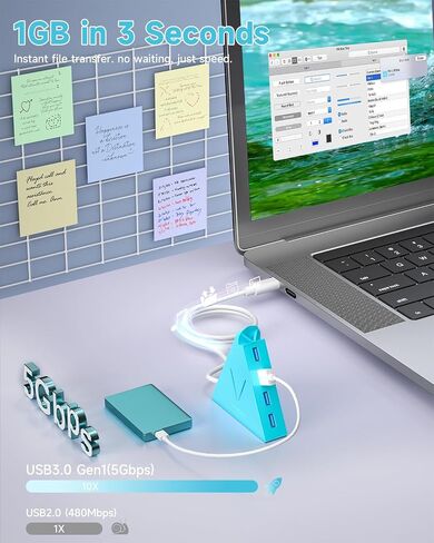 4-Port USB 3.0 Hub with 2 ft Extended Cable, FlyingVHUB Vertical Data USB Hub, for Mac, PC, Xbox One, PS4, PS5, iMac, Surface Pro, XPS, Laptop, Desktop, Flash Drive, Mobile HDD (Blue) in Kuwait