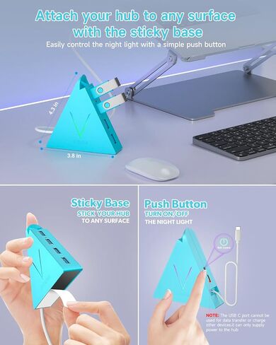 4-Port USB 3.0 Hub with 2 ft Extended Cable, FlyingVHUB Vertical Data USB Hub, for Mac, PC, Xbox One, PS4, PS5, iMac, Surface Pro, XPS, Laptop, Desktop, Flash Drive, Mobile HDD (Blue) in Kuwait