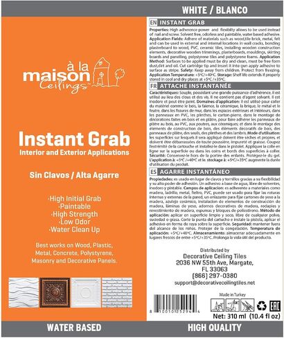 À LA MAISON CEILINGS Instant Grab - Ceiling Tile, Wall Panel & Crown Molding Adhesive - High-Strength, Water-Resistant Glue for Indoor/Outdoor Use - Easy-Apply, Quick-Bond Formula (4-Pack) in Saudi Arabia
