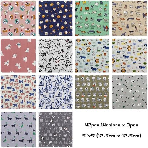 42-Pack 5x5 Inch Cat & Dog Cotton Fabric Squares for Quilting,Multi-Color Cute Animal Print Charm Packs Precut Quilting Supplies in Saudi Arabia