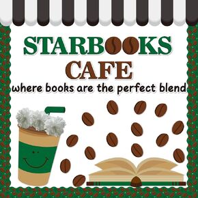BeYumi Coffee Books Bulletin Board - 86Pcs Back to School Coffee Bean Bulletin Board Borders Cafe 3D Cup Cutouts with Tissue Paper Pompoms Reading Corner Elementary Classroom Chalkboard Wall Decor