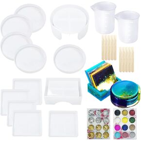 Allazone 12 Pack Coaster Silicone Resin Moulds Silicone Coaster Storage Box Mould, Storage Box Bottle Epoxy Casting Muold with Glitter, Gold Flakes for DIY Art Craft Cup Mat