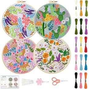 BEUNITONE 4 Set Leaves and Flowers Embroidery Kit for Adults Beginners DIY Starter Set with Stamped Flower Designs Needlework Fabric Embroidery with Instruction Cross Stitch Kits for Home Decor 8''