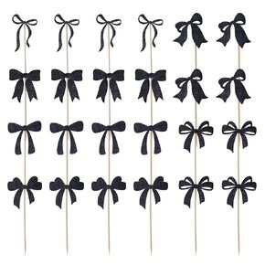 24pcs Bow Cupcake Toppers, Black Glitter Bow Cupcake Picks with Dot Stickers Bowknot Birthday Cake Decorations for Bridal Baby Shower Bachelorette Party Supplies