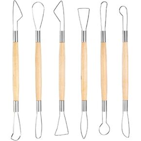 6Pcs Clay Sculpting Tools Ceramic Pottery Clay Ribbon Sculpting Tools Wooden Handle Sculpting Tools Kit Pottery Trimming Detail Tool Wire Loop Sculpture Set for Wax Carving Modeling