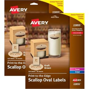 Avery® Print-to-the-Edge Labels, 22855, Oval With Scallop Edge, 1-1/8" x 2-1/4", Kraft Brown, Pack Of 525 Labels