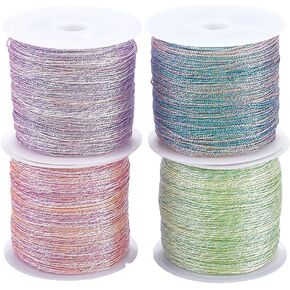 4 Rolls 218 Yards 0.4MM Glitter Embroidery Thread Colorful Shimmer Christmas Metallic String Polyester Tinsel Cord Rope Bulk with Spool for Sewing Making Crafts Beading Necklace Bracelet Diy