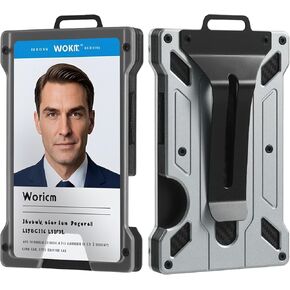 ID Badge Holder, Slim Aluminum Alloy Card Sleeve with RFID Blocking, Metal Money Clip, Holds 15 Cards – for Work, Police, Outdoor (Black)