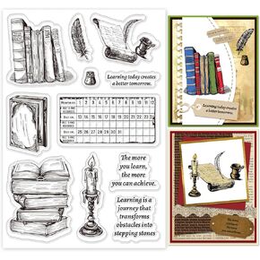 INFUNLY Vintage Learning Clear Stamp for DIY 4.3"×6.3" Book Transparent Stamps Study Clear Rubber Stamps Calendar Silicone Clear Stamps Retro Words Silicone Stamp for Card Making Scrapbooking