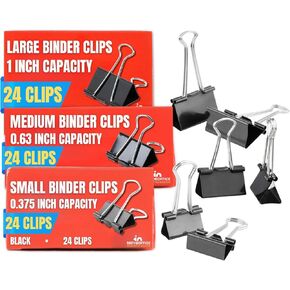 1InTheOffice Binder Clips Assorted Sizes, Paper Clamps, Small 0.75", Medium 1.25", Large 2", Metal, 24 Clips/Size, Black, 72 Pack