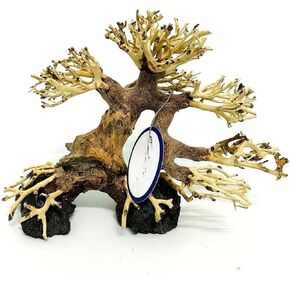 Bonsai Driftwood Aquarium Tree (8in H x 6in L), Handcrafted Fish Tank Decoration | Easy to Install Driftwood Bonsai for Fish Tank | Decor Aquascape Wood (Bonsai Tree On Rocks)