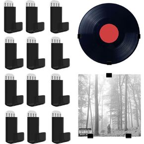 12 Pcs Vinyl Record Shelf Wall Mount, 4 Sets Acrylic Hooks Vinyl Record Holder Album Display, No Drill No Screws LP Shelves for Wall CD Storage Hanger Room Decor for Music Collector/Black