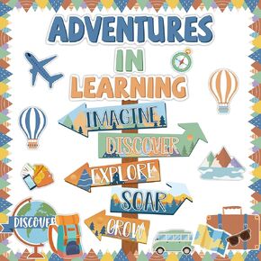 Adventures in Learn Bulletin Board Set Let The Adventure Begin Moving Mountains Classroom Decorations Travel Theme Bulletin Board Let's Explore Voyage Motivational Paper Cutouts for Classroom Decor